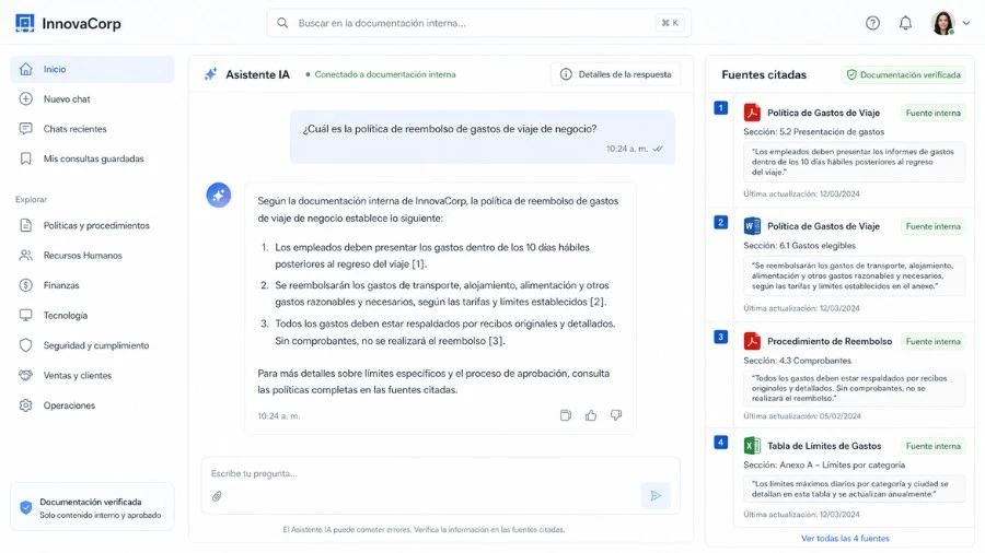 Asistente IA interno — respuesta con cita de fuente y control de acceso por rol